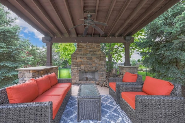 5701 W 148th Pl, Overland Park, KS 66223 - view of patio featuring ceiling fan and an outdoor living space with a fireplace