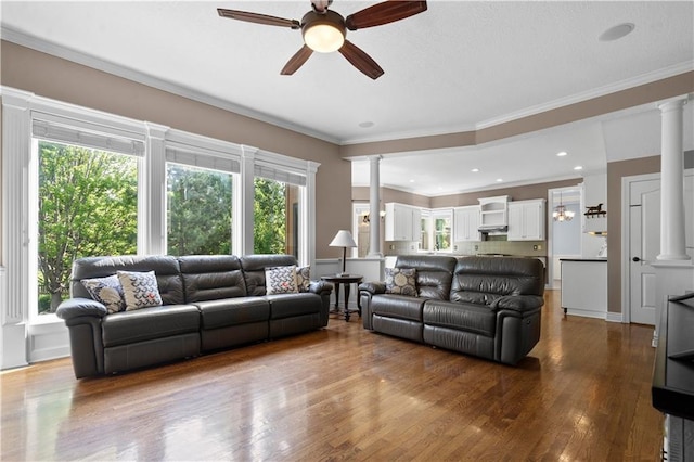 7406 W 145th Ter, Overland Park, KS 66223 - living room with decorative columns, ceiling fan, wood finished floors, and ornamental molding