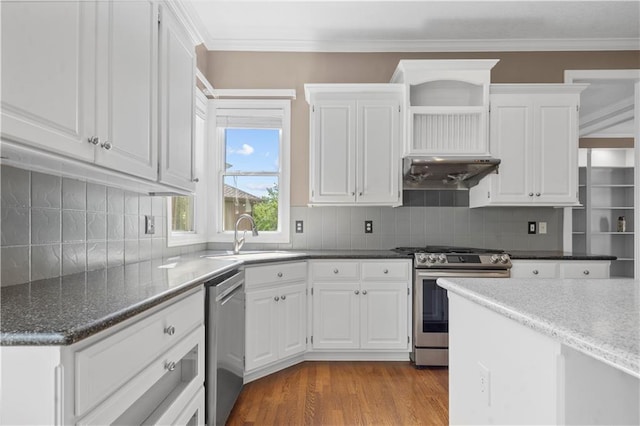 7406 W 145th Ter, Overland Park, KS 66223 - kitchen with appliances with stainless steel finishes, a sink, under cabinet range hood, open shelves, and white cabinetry