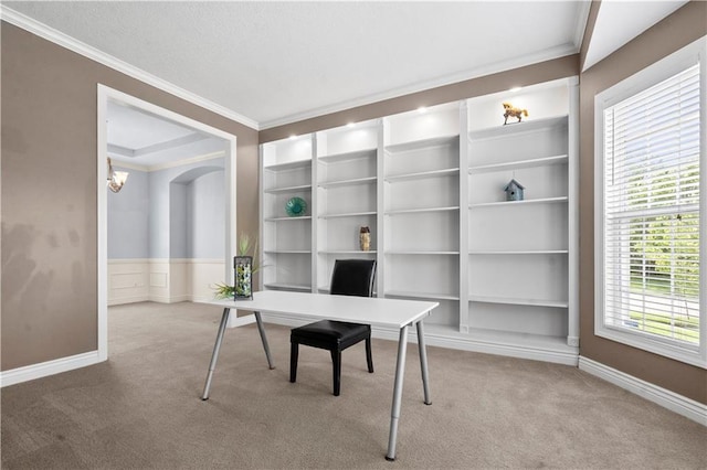 7406 W 145th Ter, Overland Park, KS 66223 - unfurnished office featuring carpet, crown molding, baseboards, built in features, and arched walkways