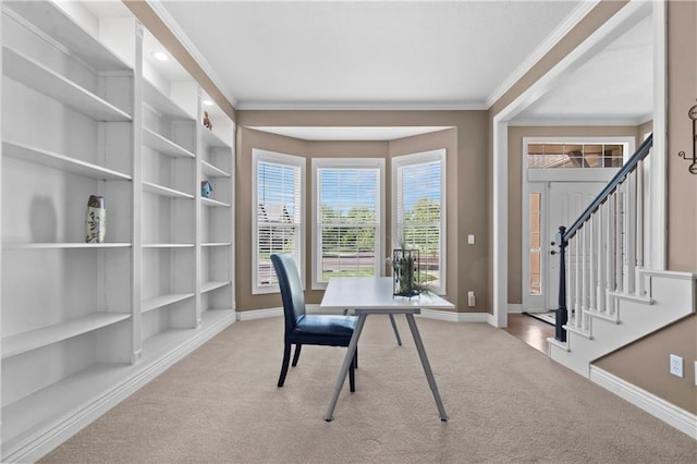 7406 W 145th Ter, Overland Park, KS 66223 - office area with carpet, baseboards, crown molding, and built in features