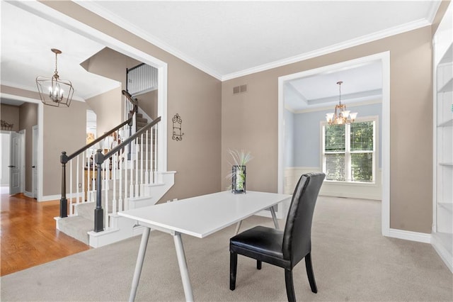 7406 W 145th Ter, Overland Park, KS 66223 - dining space with a chandelier, crown molding, stairs, and baseboards