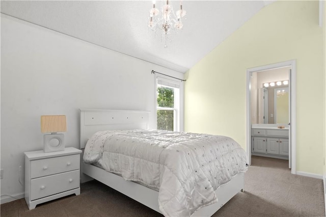 7406 W 145th Ter, Overland Park, KS 66223 - bedroom featuring carpet, vaulted ceiling, a chandelier, connected bathroom, and baseboards