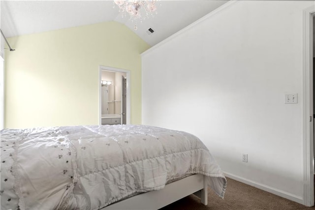 7406 W 145th Ter, Overland Park, KS 66223 - carpeted bedroom featuring lofted ceiling, baseboards, a chandelier, and ensuite bathroom