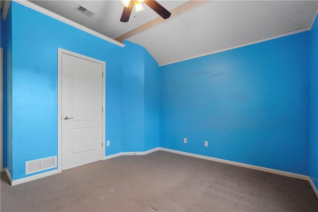 7406 W 145th Ter, Overland Park, KS 66223 - carpeted spare room featuring a ceiling fan, baseboards, lofted ceiling, and ornamental molding