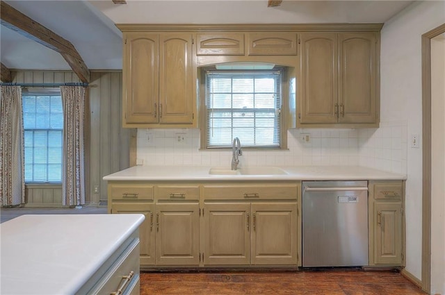 3913 Stonewall Ave, Independence, MO 64055 - kitchen featuring a sink, backsplash, dishwasher, and light countertops