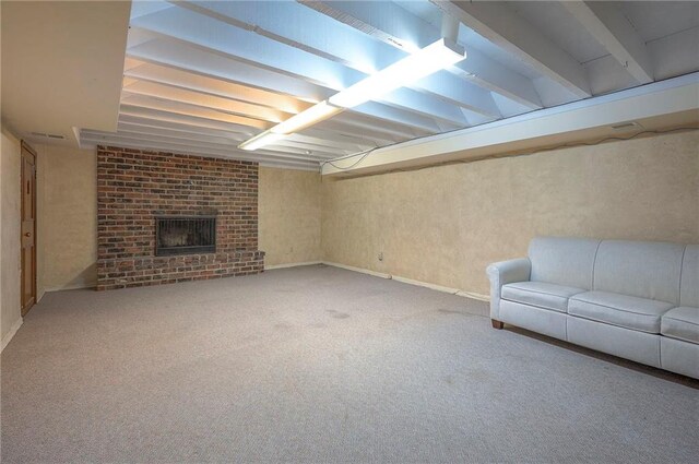 3913 Stonewall Ave, Independence, MO 64055 - unfurnished living room with carpet and a brick fireplace