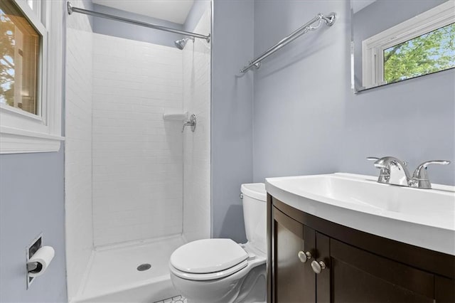 bathroom with toilet, a stall shower, and vanity