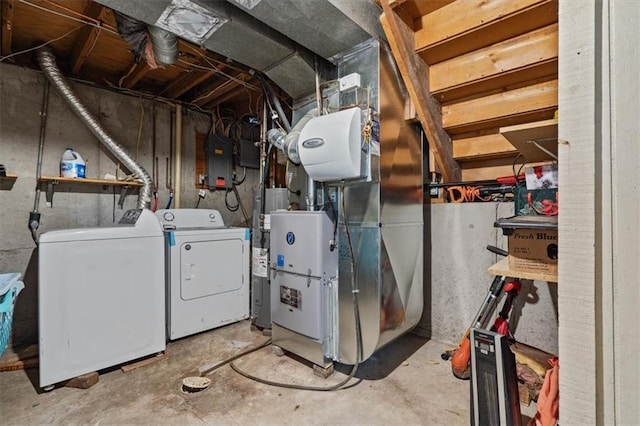 interior space featuring washer and dryer, heating unit, and electric panel
