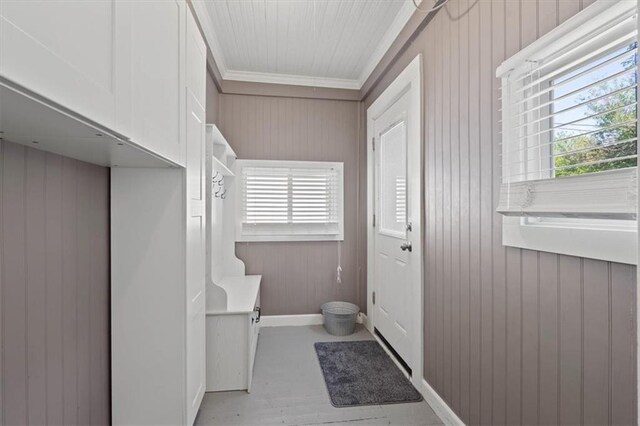 2717 Faraon St, Saint Joseph, MO 64501 - mudroom with crown molding, plenty of natural light, wood walls, and baseboards