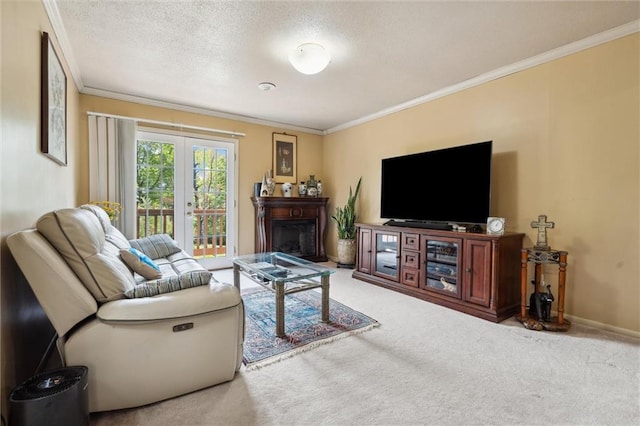 2106 Kasold Dr, Lawrence, KS 66047 - living area with ornamental molding, a textured ceiling, carpet flooring, and a fireplace