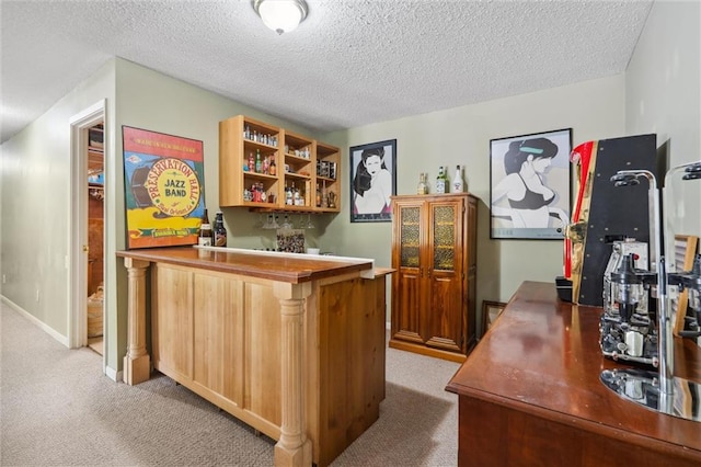 2106 Kasold Dr, Lawrence, KS 66047 - bar featuring carpet floors, bar area, baseboards, and a textured ceiling