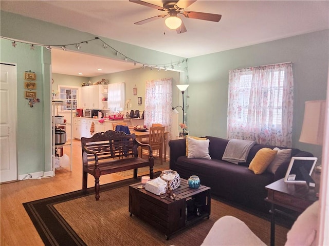 living room with a ceiling fan and wood finished floors