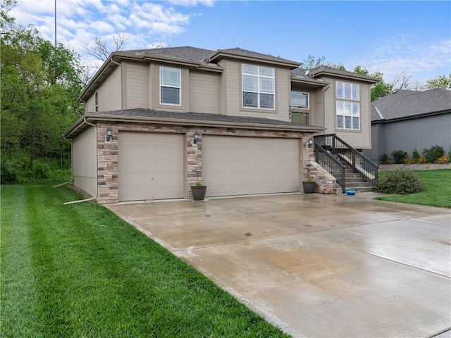 5084 NW Timberline Dr, Riverside, MO 64150 - view of front of home with a garage, stone siding, driveway, and a front yard