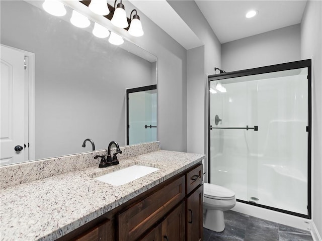 5084 NW Timberline Dr, Riverside, MO 64150 - full bathroom with vanity, a stall shower, and toilet