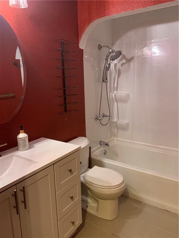 308 NW Shamrock Ave, Lees Summit, MO 64081 - bathroom with tile patterned floors, vanity, toilet, shower / bath combination, and a textured wall