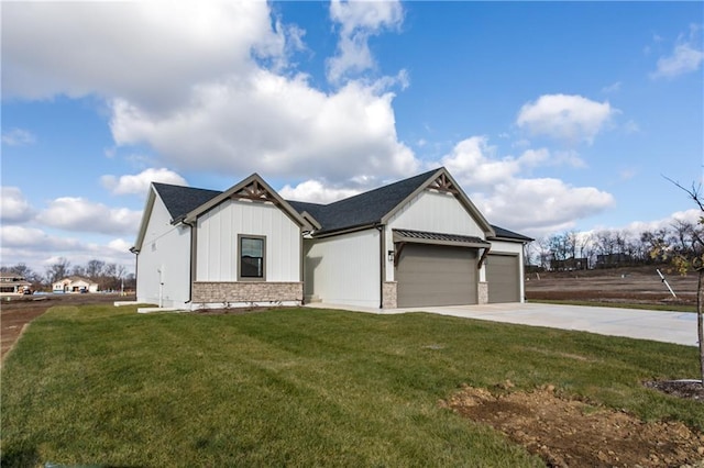 16502 S Stagecoach St, Olathe, KS 66062 - modern farmhouse style home featuring a garage, driveway, a front lawn, stone siding, and board and batten siding