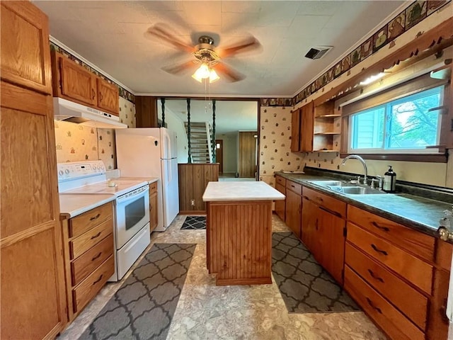 kitchen with a ceiling fan, a center island, white electric range, a sink, and under cabinet range hood