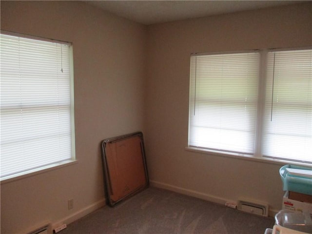 unfurnished room featuring a healthy amount of sunlight, baseboards, carpet, and baseboard heating