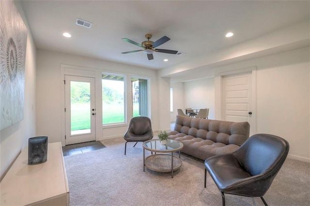 16553 S Stagecoach St, Olathe, KS 66062 - living area featuring carpet floors, recessed lighting, a ceiling fan, and baseboards