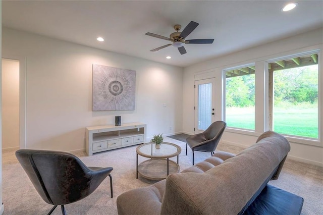 16553 S Stagecoach St, Olathe, KS 66062 - living area featuring carpet flooring, recessed lighting, baseboards, and a ceiling fan