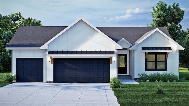 modern farmhouse featuring concrete driveway, board and batten siding, a front yard, and a garage