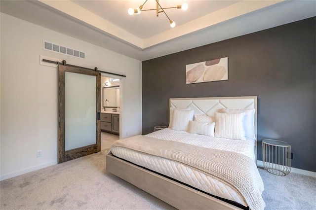 16567 S Stagecoach St, Olathe, KS 66062 - bedroom featuring light colored carpet, a barn door, a chandelier, baseboards, and a raised ceiling