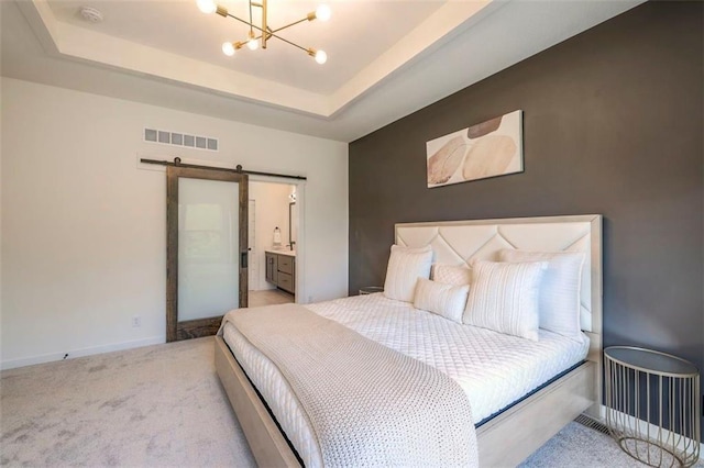 16567 S Stagecoach St, Olathe, KS 66062 - bedroom with a barn door, carpet flooring, a chandelier, baseboards, and a raised ceiling