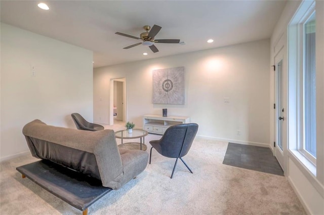16567 S Stagecoach St, Olathe, KS 66062 - carpeted living room with recessed lighting, ceiling fan, and baseboards