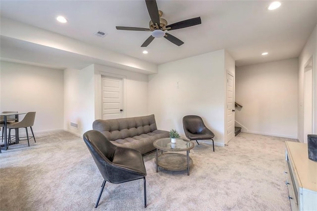 16567 S Stagecoach St, Olathe, KS 66062 - living area featuring carpet floors, a ceiling fan, recessed lighting, baseboards, and stairs