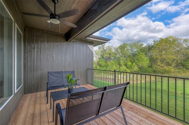 16567 S Stagecoach St, Olathe, KS 66062 - deck featuring a ceiling fan and a yard