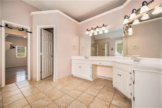 14475 Chadwick St, Leawood, KS 66224 - bathroom with a sink, ornamental molding, a stall shower, and double vanity