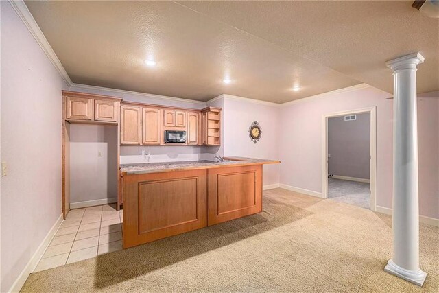 14475 Chadwick St, Leawood, KS 66224 - kitchen featuring open shelves, black microwave, ornamental molding, and light carpet