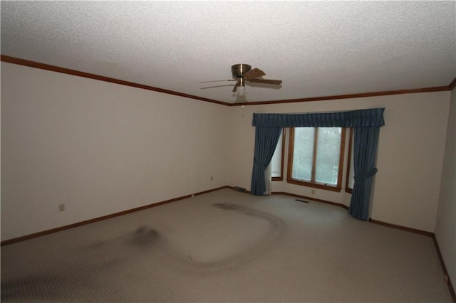 6726 Mill Creek Rd, Shawnee, KS 66217 - unfurnished room featuring a ceiling fan, baseboards, carpet flooring, a textured ceiling, and crown molding