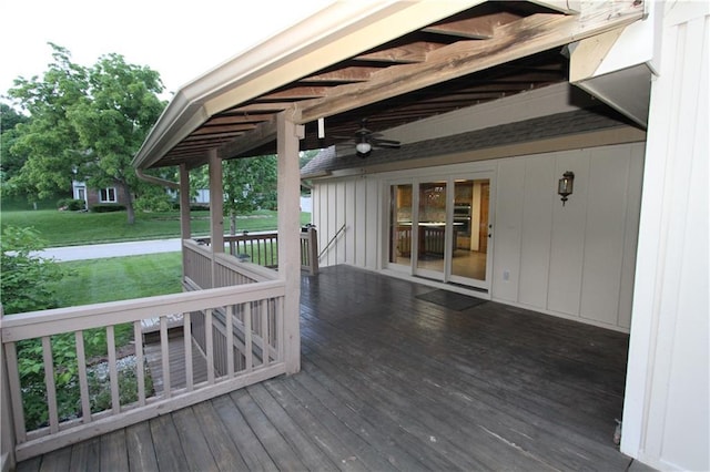 6726 Mill Creek Rd, Shawnee, KS 66217 - wooden terrace featuring ceiling fan and a lawn