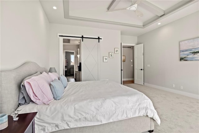 11201 W 169th St, Overland Park, KS 66221 - carpeted bedroom with a barn door, recessed lighting, baseboards, and ceiling fan