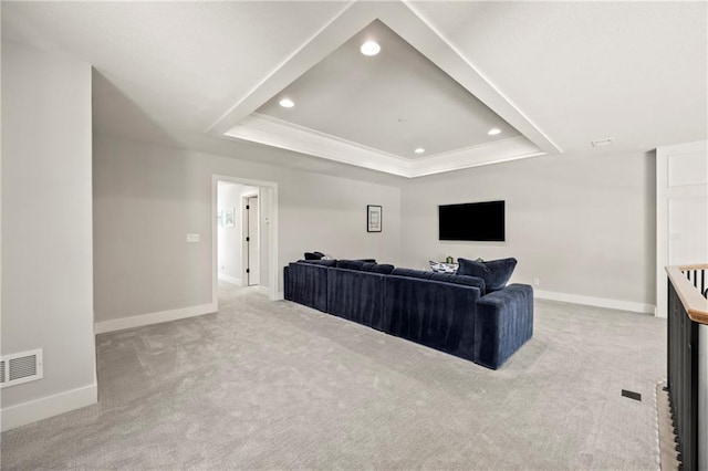 11201 W 169th St, Overland Park, KS 66221 - living area featuring light carpet, baseboards, recessed lighting, and a raised ceiling