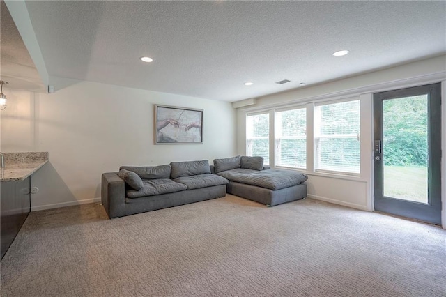 3536 SW Dana Ave E, Lees Summit, MO 64082 - carpeted living room featuring a textured ceiling, baseboards, and recessed lighting