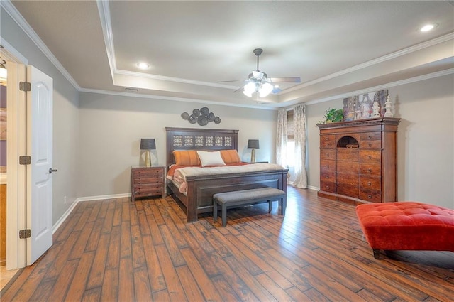 3536 SW Dana Ave E, Lees Summit, MO 64082 - bedroom featuring a raised ceiling, hardwood / wood-style flooring, ornamental molding, baseboards, and recessed lighting