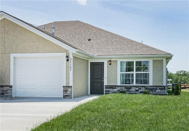 ranch-style home featuring a garage, a shingled roof, stucco siding, and stone siding