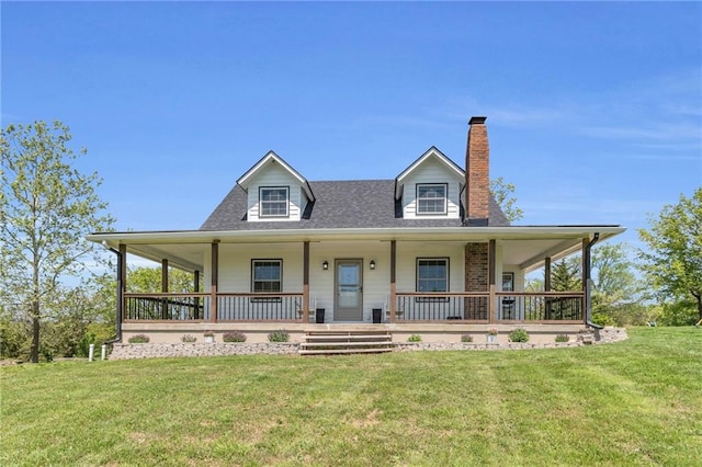 farmhouse-style home with a porch, a chimney, and a front yard