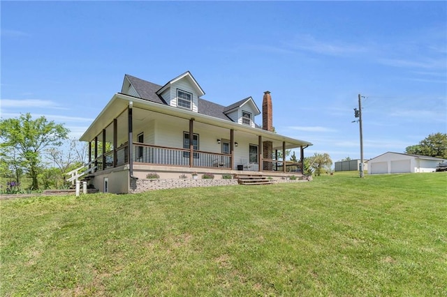 exterior space featuring a chimney, a porch, and a lawn