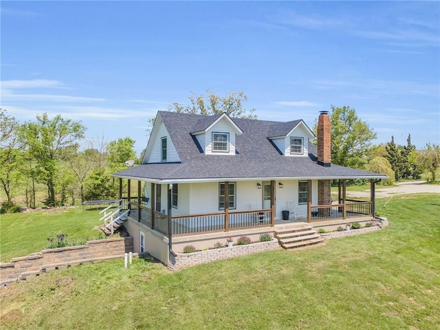 country-style home with a front lawn, a porch, and a chimney