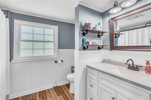 full bathroom with toilet, wood finished floors, vanity, wainscoting, and baseboards