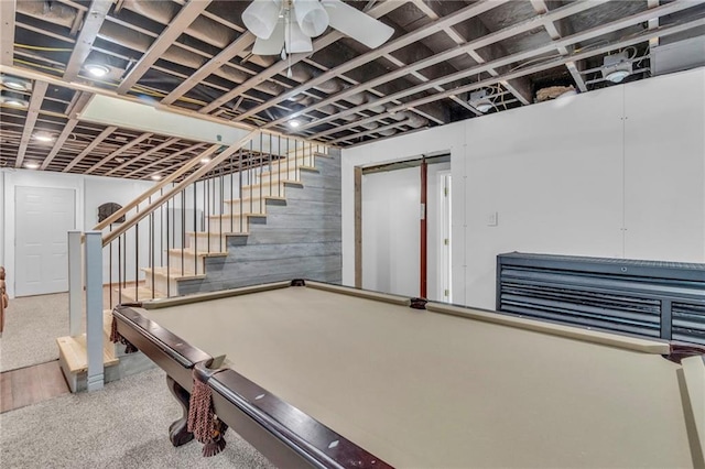 game room with billiards, carpet floors, and a ceiling fan