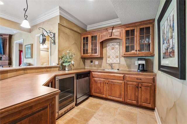 10522 N Garfield Ave, Kansas City, MO 64155 - bar with dishwasher, wine cooler, a sink, tasteful backsplash, and hanging light fixtures