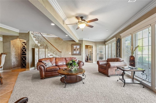10522 N Garfield Ave, Kansas City, MO 64155 - living area with ceiling fan, crown molding, stairs, and recessed lighting