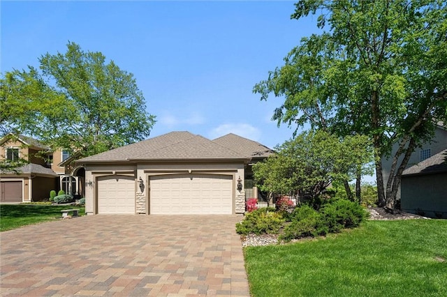 10522 N Garfield Ave, Kansas City, MO 64155 - view of front facade with decorative driveway, a garage, a front yard, and stucco siding