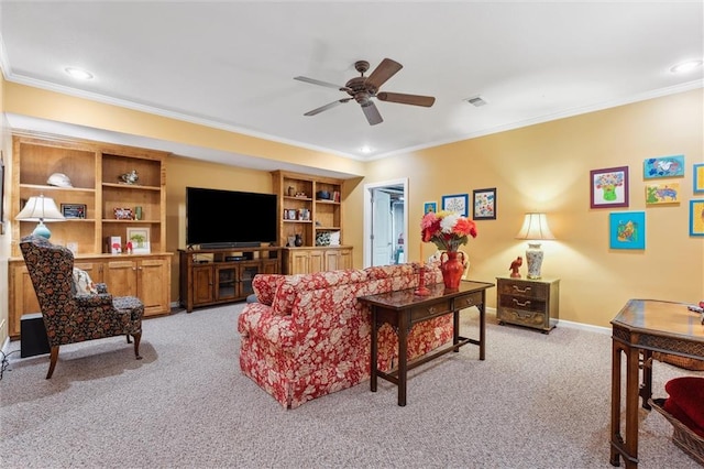 living room featuring light colored carpet, ornamental molding, ceiling fan, recessed lighting, and baseboards