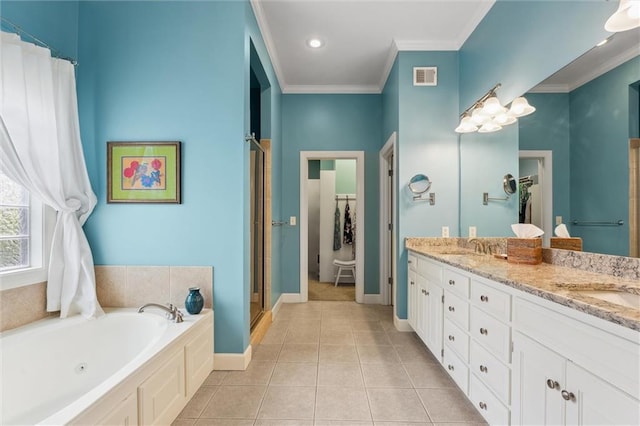 full bath featuring a stall shower, a garden tub, crown molding, tile patterned flooring, and double vanity